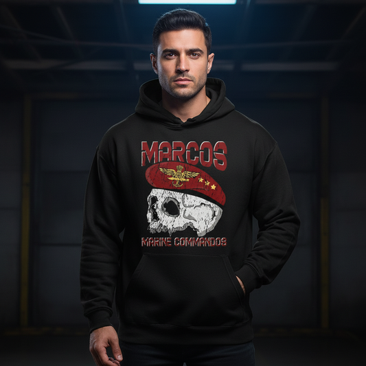 Unleash the spirit of India’s elite Marine Commandos with this bold MARCOS hoodie, designed for those who live by courage, grit, and never-quit attitude. The striking skull-and-beret artwork, distressed for a battle-worn look.
